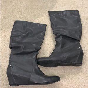 Faux leather hidden heel wedge knee high boots